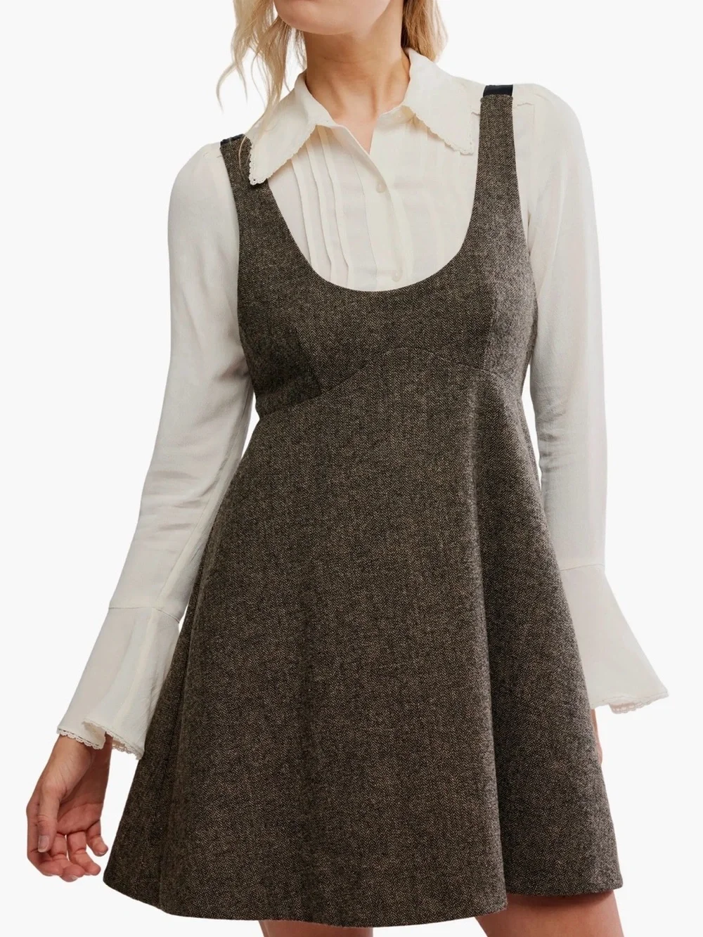 Free People Cyd Empire Waist Minidress backless fall preppy academia brown med